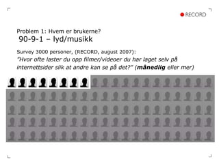 Problem 1: Hvem er brukerne?   90-9-1 – lyd/musikk Survey 3000 personer, (RECORD, august 2007): ” Hvor ofte laster du opp filmer/videoer du har laget selv på  internettsider slik at andre kan se på det?” ( månedlig  eller mer) 