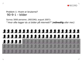 Problem 1: Hvem er brukerne?   90-9-1 - bilder Survey 3000 personer, (RECORD, august 2007): ”  Hvor ofte legger du ut bilder på internett?” ( månedlig  eller mer) 