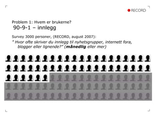 Problem 1: Hvem er brukerne?   90-9-1 – innlegg Survey 3000 personer, (RECORD, august 2007): ”  Hvor ofte skriver du innlegg til nyhetsgrupper, internett fora, blogger eller lignende?” ( månedlig  eller mer) 