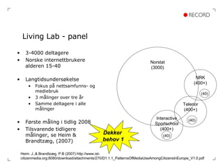Living Lab - panel 3-4000 deltagere Norske internettbrukere alderen 15-40 Langtidsundersøkelse Fokus på nettsamfunns- og mediebruk 3 målinger over tre år Samme deltagere i alle målinger Første måling i tidlig 2008 Tilsvarende tidligere målinger, se Heim & Brandtzæg, (2007) Heim. J.,& Brandtzæg, P.B (2007) http://www.ist-citizenmedia.org:8080/download/attachments/270/D1.1.1_PatternsOfMediaUseAmongCitizensInEurope_V1.0.pdf Dekker  behov 1 