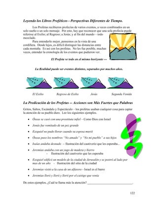 122
Leyendo los Libros Proféticos - Perspectivas Diferentes de Tiempo.
Los Profetas recibieron profecías de varios eventos, a veces combinados en un
solo sueño o un solo mensaje. Por esto, hay que reconocer que una sola profecía puede
referirse al Exilio; al Regreso; a Jesús; y al fin del mundo – todo
mezclado.
Para entenderlo mejor, pensemos en la vista de una
cordillera. Desde lejos, es difícil distinguir las distancias entre
cada montaña. Es así con los profetas. No les fue posible, muchas
veces, entender la cronología de los eventos que pudieron ver.
El Profeta ve todo en el mismo horizonte ---
La Realidad puede ser eventos distintos, separados por muchos años.
El Exilio Regreso de Exilio Jesús Segunda Venida
La Predicación de los Profetas -- Acciones son Más Fuertes que Palabras
Gritos, Saltos, Escándalo y Espectáculo – los profetas usaban cualquier cosa para captar
la atención de su pueblo duro. Lee los siguientes ejemplos.
• Óseas se casó con una prostituta infiel – Como Dios con Israel
• Jonás fue vomitado de un pez grande
• Ezequiel no pudo llorar cuando su esposa murió
• Óseas puso los nombres “No amado” y “No mi pueblo” a sus hijos
• Isaías andaba desnudo -- Ilustración del cautiverio que les esperaba...
• Jeremías andaba con un yugo de madera y hierro
- Ilustración del cautiverio que les esperaba
• Ezequiel edificó un modelo de la ciudad de Jerusalén y se postró al lado por
mas de un año - Ilustración del sitio de la ciudad
• Jeremías visitó a la casa de un alfarero - Israel es el barro
• Jeremías lloró y lloró y lloró por el castigo que venía
De estos ejemplos, ¿Cuál te llama más la atención? _____________________________.
 