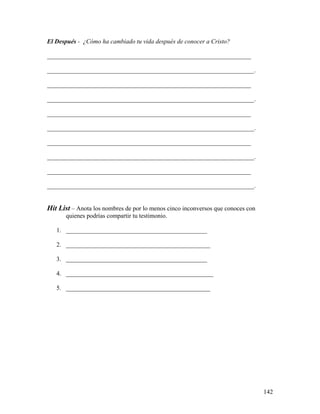 142
El Después - ¿Cómo ha cambiado tu vida después de conocer a Cristo?
_________________________________________________________________
__________________________________________________________________.
_________________________________________________________________
__________________________________________________________________.
_________________________________________________________________
__________________________________________________________________.
_________________________________________________________________
__________________________________________________________________.
_________________________________________________________________
__________________________________________________________________.
Hit List – Anota los nombres de por lo menos cinco inconversos que conoces con
quienes podrías compartir tu testimonio.
1. _____________________________________________
2. ______________________________________________
3. _____________________________________________
4. _______________________________________________
5. ______________________________________________
 