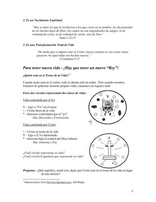 5
2. Es un Nacimiento Espiritual
“Mas a todos los que le recibieron a los que creen en su nombre, les dio potestad
de ser hechos hijos de Dios; los cuales no son engendrados de sangre, ni de
voluntad de carne, ni de voluntad de varón, sino de Dios.”
Juan 1:12-13
3. Es una Transformación Total de Vida
“De modo que si alguno está en Cristo, nueva criatura es; las cosas viejas
pasaron; he aquí todas son hechas nuevas.”
2 Corintios 5:17
Para tener nueva vida - ¡Hay que tener un nuevo “Rey”!
¿Quién está en el Trono de tu Vida? 1
Cuando Jesús está en el centro, todo lo demás está en orden. Pero cuando nosotros
tratamos de gobernar nuestras propias vidas, causamos un reguero total.
Estos dos círculos representan dos clases de vidas:
Vida controlada por el Yo
Y – Ego o “Yo” en el trono
+ - Cristo fuera de la vida
* - Intereses controlados por el “yo”
Hay Discordia y Frustración.
Vida controlada por Cristo
+ - Cristo en trono de la vida
Y – Ego o el Yo destronado
* - Intereses bajo el control del Dios infinito
Hay Armonía y Paz
¿Cuál circulo representa su vida?
¿Cuál circulo le gustaría que represente su vida?
Pregunta - ¿Qué significa, usted cree, dejar que Cristo esté en el trono de la vida en lugar
de uno mismo?
1
Material drawn from The Four Spiritual Laws. Bill Bright.
 