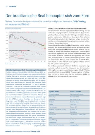 25 DERIVE

Der brasilianische Real behauptet sich zum Euro
Weitere Technische Analysen erhalten Sie kostenlos im täglichen Newsletter Daily Trading
auf www.hsbc-zertiﬁkate.ch
Brasilianischer Real/EURO

Quelle: tradesignal.com

US Dollar/Brasilianischer Real – Konsolidierung im Abwärtstrend
Seit dem zyklischen Hochstand bei 4,02 BRL im Oktober 2002 beﬁndet sich der US-Dollar im Vergleich zum brasilianischen Real im
Sinkﬂug. Die Folge ist der seither bestehende Abwärtstrendkanal,
dessen Begrenzungen aktuell bei 1,9366 BRL bzw. 1,4307 BRL
verlaufen. Im Rahmen dieses Baissetrends gönnt sich die brasilianische Valuta seit Oktober 2007 allerdings eine Atempause, indem
eine seitliche Schiebezone zwischen rund 1,87 BRL auf der Oberund cirka 1,72 BRL auf der Unterseite ausgebildet wurde. Obwohl
einer solchen Tradingrange normalerweise trendbestätigender Charakter zukommt, sollten Anleger zunächst einen Ausbruch aus der
beschriebenen Konsolidierungsformation abwarten. Dafür spricht
das uneinheitliche Bild der quantitativen Indikatoren. Während der
Aroon unverändert einen intakten Abwärtstrend signalisiert, zeigt
mit dem MACD ein anderer Trendfolger eine divergente Entwicklung, indem er seit Mitte 2006 neue Verlaufstiefs nicht mehr durch
neue Tiefs im Indikatorverlauf bestätigt. Zudem notiert der MonatsRSI bereits auf niedrigem Niveau. Trotz der widersprüchlichen Indikatorensignale dürfte eine Auﬂösung der aufgeführten Schiebezone nach unten einen weiteren Dollarverfall nach sich ziehen. Aus
der Konsolidierungsformation lässt sich in diesem Fall ein kalkulatorisches Abschlagspotential von rund 0,15 BRL ableiten. Dieses
Rückschlagsrisiko harmoniert zudem sehr gut mit einer internen,
seit Januar 2004 gültigen Abwärtstrendlinie (akt. bei 1,5754 BRL).
Für ein Comeback des Greenback ist aus technischer Sicht dagegen
nicht nur eine Auﬂösung der o.g. Schiebezone nach oben, sondern
besser auch noch ein Bruch des eingangs erwähnten langfristigen
Jörg Scherer, HSBC
Baissetrends vonnöten.

dp payoff all about derivative investments | Februar 2008

BRLEU – Bonus-Zertiﬁkat mit attraktiver Seitwärtsrendite
Der brasilianische Real war lange Zeit eine Weichwährung. Das hat
sich in den vergangenen Jahren markant verändert. Sogar im Vergleich zum Euro, einer der stärksten Währungen der letzten Monate,
gab die brasilianische Valuta keinen Boden preis. Noch scheinen
frühere Verhaltensmuster in den Köpfen der Anleger verankert. Nur
so ist es zu erklären, dass es in Krisenphasen immer wieder zu übertriebenen Rückschlägen kommt.
Das dreijährige Bonus-Zertiﬁkat BRLEU wurde just in einer solchen
emittiert. Wer damals den Mut hatte, wurde bereits reichlich entlohnt. Aber auch heute ist BRLEU unvermindert attraktiv. Der Bonuslevel ist bislang nicht vollständig ausgeschöpft. Dadurch besitzt
das Zertiﬁkat gegenwärtig eine attraktive Seitwärtsrendite von rund
acht Prozent per annum. Gewinnt der Real gegenüber dem Euro an
Wert, liesse sich noch ein erheblich höherer Ertrag erzielen. Gerät
die brasilianische Währung wider Erwarten auf die schiefe Bahn,
dann müsste es schon mit dem Teufel zugehen, sollte die Barriere
bei EUR 0,2404 in Gefahr geraten.
Da der Euro zurzeit auch nicht mehr die Stärke vergangener Tage
aufweist, empﬁehlt es sich für Anleger, die aus der heimischen
Währung Franken operieren, zur Absicherung des EUR/CHF-Risikos
einen Mini-Short, wie etwa EUCHA (Finanzierungslevel 1,73, StopLoss 1,69) mit ins Boot zu holen. Erst eine Kombination BRLEU mit
EUCHA dürfte den maximalen Ertrag erbringen.

Symbol: BRLEU

Valor: 2 597 882

Produktkategorie

Partizipations-Produkte

Produkttyp

Bonus-Zertifikat

Basiswert

BRL/EUR – 0,382

Emittent

Goldman Sachs

Verfall

25.5.2009

Handelsplatz

Scoach CH

Briefkurs (1.2.08 – 9.30 Uhr)

EUR 145,70

Barriere

EUR 0,2404

Bonus Level

160 Prozent = EUR 0,5495

Ratio

1:1

payoff Rating

* * * *

Risikoklasse

mittel

Daten, Kurse, Termsheets

www.payoff.ch

 