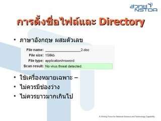 การตั้งชื่อไฟล์และ  Directory ภาษาอังกฤษ ผสมตัวเลข ใช้เครื่องหมายเฉพาะ  – ไม่ควรมีช่องว่าง ไม่ควรยาวมากเกินไป 