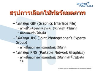 สรุปการเลือกใช้ฟอร์แมตภาพ ไฟล์สกุล  GIF (Graphics Interlace File) ภาพที่ไม่ต้องการความคมชัดมากนัก สีไม่มาก มีลักษณะพื้นโปร่งใส ไฟล์สกุล  JPG (Joint Photographer’s Experts Group) ภาพที่ต้องการความคมชัดสูง มีสีมาก ไฟล์สกุล  PNG (Portable Network Graphics) ภาพที่ต้องการความคมชัดสูง มีสีมากทำพื้นโปร่งใสได้ 