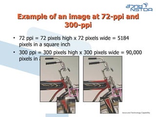 Example of an image at 72-ppi and 300-ppi 72 ppi = 72 pixels high x 72 pixels wide = 5184 pixels in a square inch 300 ppi = 300 pixels high x 300 pixels wide = 90,000 pixels in a square inch 