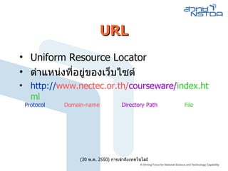 URL Uniform Resource Locator ตำแหน่งที่อยู่ของเว็บไซต์ http:// www.nectec.or.th/ courseware/ index.html Protocol Domain-name Directory Path File 