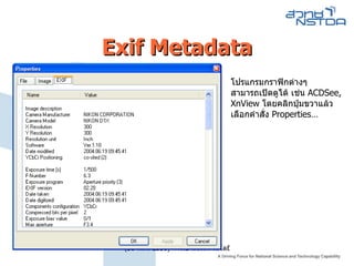 Exif Metadata โปรแกรมกราฟิกต่างๆ สามารถเปิดดูได้ เช่น  ACDSee, XnView  โดยคลิกปุ่มขวาแล้ว เลือกคำสั่ง  Properties… 