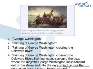 1.  "George Washington" 2. "Painting of George Washington" 3. "Painting of George Washington crossing the Delaware River" 4. "Painting of George Washington crossing the Delaware River. Swirling waves surround the boat where the majestic George Washington looks forward out of the storm and into the rays of light across the river as he leads his wary troops to battle." 