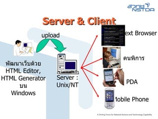 Server & Client Text Browser คนพิการ Mobile Phone PDA พัฒนาเว็บด้วย HTML Editor, HTML Generator บน Windows Server : Unix/NT upload 