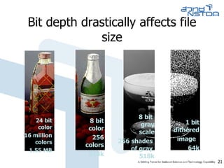 Bit depth drastically affects file size 24 bit color 16 million colors 1.55 MB 8 bit color 256 colors 518k 8 bit  gray scale 256 shades  of gray  518k 1 bit dithered  image  64k 