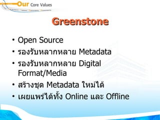 Greenstone Open Source รองรับหลากหลาย  Metadata รองรับหลากหลาย  Digital Format/Media สร้างชุด  Metadata  ใหม่ได้ เผยแพร่ได้ทั้ง  Online  และ  Offline 