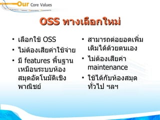 OSS  ทางเลือกใหม่ เลือกใช้  OSS ไม่ต้องเสียค่าใช้จ่าย มี  features  พื้นฐานเหมือนระบบห้องสมุดอัตโนมัติเชิงพาณิชย์ สามารถต่อยอดเพิ่มเติมได้ด้วยตนเอง ไม่ต้องเสียค่า  maintenance ใช้ได้กับห้องสมุดทั่วไป ฯลฯ 