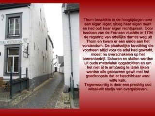 Thorn beschikte in de hoogtijdagen over een eigen leger, sloeg haar eigen munt en had ook haar eigen rechtspraak. Door toedoen van de Fransen vluchtte in 1794 de regering van adellijke dames weg uit Thorn en kwam er een einde aan het vorstendom. De plaatselijke bevolking die voorheen altijd voor de adel had gewerkt, moest nu overschakelen op het boerenbedrijf. Schuren en stallen werden uit oude materialen opgetrokken en om het niet al te armoedig te laten lijken werden alle gebouwen gewit met het goedkoopste dat er beschikbaar was: witte kalk. Tegenwoordig is daar een prachtig oud witsel-wit stadje van overgebleven. 