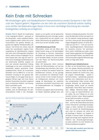 31

ECONOMIC ASPECTS

Kein Ende mit Schrecken
Mit blindwütigem geld- und ﬁskalpolitischem Interventionismus werden Symptome in den USA
unter den Teppich gekehrt. Abgesehen von der mehr als unsicheren Stützkraft solcher «bailing
outs» dürften die Nebenwirkungen dieses Irrsinns eine nachhaltige Gesundung des maroden
Kreditgebildes vorläuﬁg verunmöglichen.
Christian Fürst*| Obwohl die Kreditmärkte
in den vergangenen Wochen – gemessen an
den Zinsspreads - massiv zusätzliche Risikoaversion aufgebaut haben, scheint sich an den
Finanzmärkten eine gewisse Resistenz gegenüber den täglichen Hiobsbotschaften aufzubauen. Fast könnte man meinen, dass die
zuletzt fast ausschliesslich negative Erwartungshaltung der Marktteilnehmer langsam
aber sicher einer hoffnungsvollen Ambivalenz
weicht, welche durchaus empfänglich für positive Impulse wäre. Dies zeigt sich unter anderem durch rückläuﬁges Handelsaufkommen
und abnehmende Volatilität, zeugend von
einer weit verbreitet abwartenden Haltung.
Unabhängig von der kaum vorhandenen Realisierbarkeit staatlich garantierter Kreditausfallssicherheit, führten die konzertierten
Aktivitäten rund um MBIA & Co. an den Kreditmärkten kurzzeitig für eine gewisse Glättung der Wogen. Es roch gegen Ende des vergangenen Monats sogar nach einer kleinen
positiven Trendumkehr, die jedoch umgehend
durch ernüchternde Inﬂations- und HousingZahlen ausnivelliert wurde.
Schon in diesen Tagen scheint man festzustellen, dass die Bestrebungen der planwirtschaftlichen Kräfte in den Vereinigten

Staaten zu kurz greifen und die gewünschte
Marktstabilisierung nicht erzwungen werden
kann. Entsprechend hat sich speziell in der
letzten Februarwoche der geldpolitisch motivierte Druck auf den US-Dollar erhöht.
Kreditreﬁnanzierung am Ende
Offensichtlich scheint sich die Obhut allen
Geldes herzlich wenig um die Nachhaltigkeit
der Gesundung zu kümmern. Notenbanken
bekämpfen die schmerzende Kreditschieﬂage mit denselben Mitteln, mit denen sie diese
nach dem Platzen der New-Economy-Blase
verursacht hatten.
Selbst 200 Basispunkte tiefere Leitzinsen
würden die Reﬁnanzierbarkeit und Last des
Schuldenberges zwar erleichtern, aber marktseitig nur temporär den weiteren Verlauf der
Bonitätserosion bremsen, da das günstige
Geld unzureichend die notleidenden Kreditnehmer erreicht. An den maroden Strukturen
der Kreditpyramide verbessert sich nichts,
solange die Bestrebungen der staatlichen
Institutionen mehrheitlich darauf ﬁxiert sind,
die Kreditausfallsrisiken der Kreditgeber zu
kompensieren.
Es ist davon auszugehen, dass es den Vereinigten Staaten tatsächlich gelingen kann, eine

New One Family Houses Sold: United States
in 1000
1400
New One Family Houses
Sold: United States

1200
1000
800
600
400

Rezession vorläuﬁg aufzuschieben. Die marktnahen Bonitätsrisiken dürften sich jedoch von
der Fed weiterhin wenig beeindruckt zeigen
und keine Lockerung des überschuldungsbedingten Würgegriffs zulassen. Es dürfte also –
anders als nach 09/11 – nicht zum sonst üblichen liquiditätsgetriebenen Überschiessen
der Konjunktur kommen. Viel wahrscheinlicher scheint mittelfristig eine weiter zunehmende Skepsis gegenüber der Zahlungsfähigkeit der Vereinigten Staaten, was selbst für den
US-Finanzhaushalt steigende Reﬁnanzierungskosten zur Folge haben dürfte.
Weiterhin kaum Aufwärtschancen
Ein Blick auf die Rohstoffmärkte zeigt, dass
sich eine globale Wachstumsschwäche bei
weitem noch nicht in den Köpfen der Marktteilnehmer etabliert hat. Kommt hinzu, dass
die jüngsten Preisaufschläge – speziell in
Soft-Commodities – grösstenteils spekulativ
getrieben sind. Insbesondere durch den erneut schwächelnden Dollar konnten selbst
zyklische Rohstoffe wie Basismetalle und
Energieträger letzthin besser als erwartet
abschneiden. Diese Mixtur lässt annehmen,
dass allfällige Momentum-Jünger besser
nicht zu lange mit Gewinnmitnahmen warten sollten. Bis zum Frühling ist mit einer
scharfen Korrektur dieser Bewertungsblase
bei den Soft-Commodites zu rechnen.
Leider fällt es – bezogen auf die Aktienleitindizes – auch für den dritten Monat des Jahres
schwer, Potenzial für nachhaltige Kurssteigerungen zu sehen. Nachdem der Greenback
früher als erwartet die Seitwärtsbewegung
nach unten hin verlassen hat, dürfte sich
die Nachfrage in Relation zum Angebot im
US-Dollar in Grenzen halten. Da Rezessionsängste weit weniger stark eingepreist sind als
Inﬂations- bzw. Zinssenkungserwartungen,
ist zudem weiterhin von einer Abnahme der
Zinskurvensteigung auszugehen.

200
1963

1968

1973

1978

1983

1988

Quelle: St.Louis FED

dp payoff all about derivative investments | März 2008

1993

1998

2003

2008

* Der Autor gibt monatlich seine Sicht der
globalen Makroökonomie wider.

 