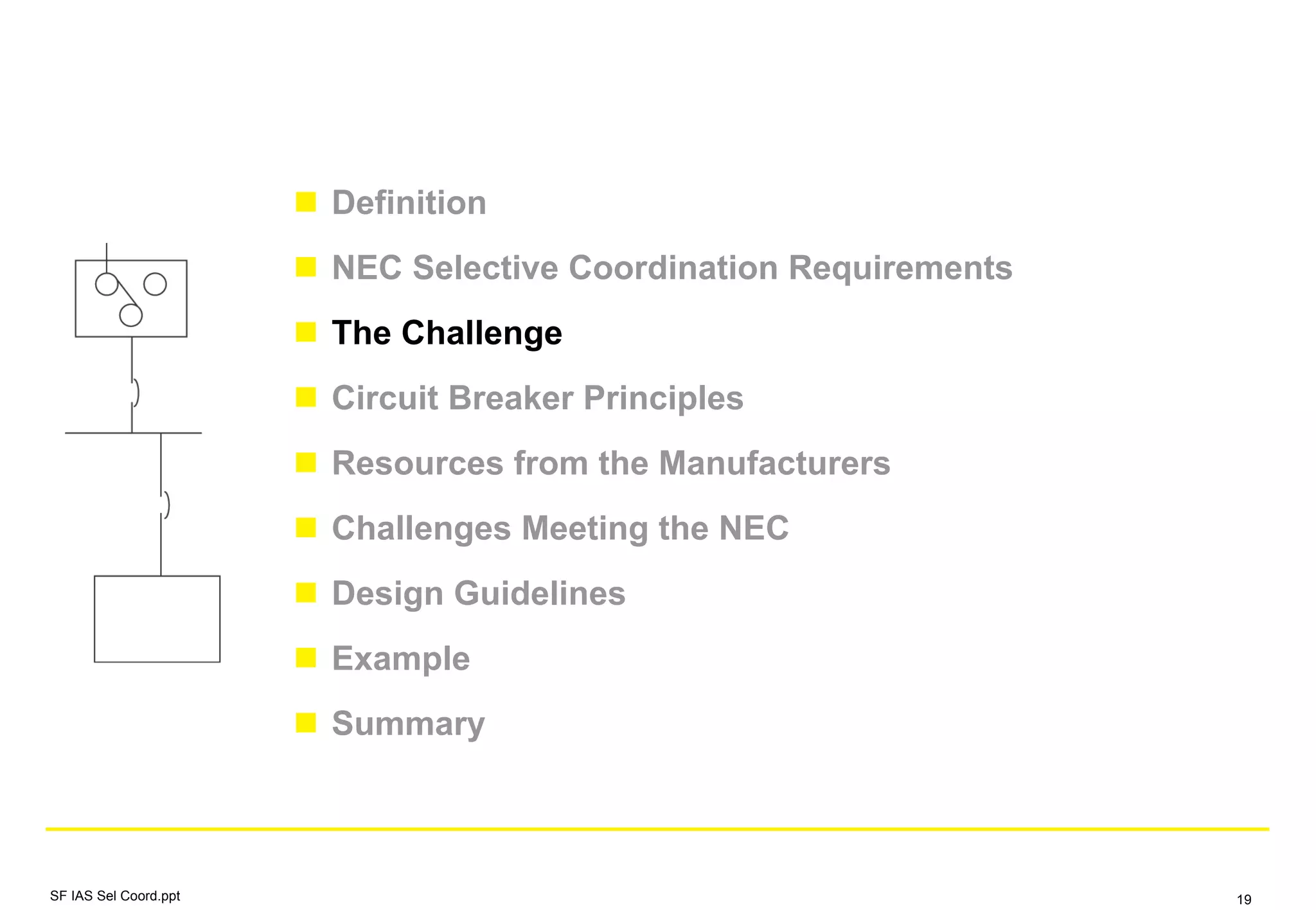 Definition
NEC Selective Coordination Requirements
The Challenge
Circuit Breaker Principles
Resources from the Manufacturers
Challenges Meeting the NEC
Design Guidelines
Example
Summary
SF IAS Sel Coord.ppt 19
 