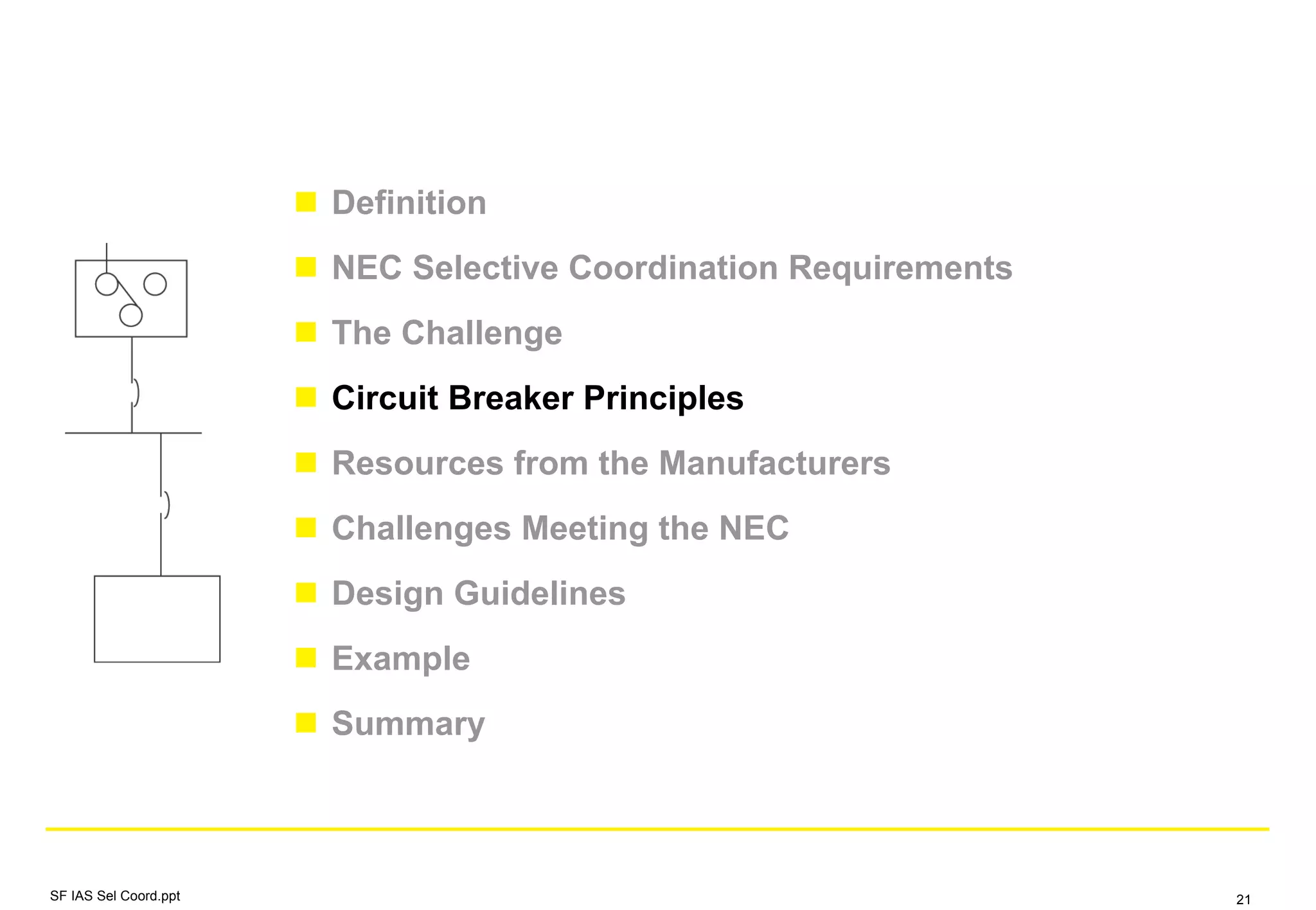 Definition
NEC Selective Coordination Requirements
The Challenge
Circuit Breaker Principles
Resources from the Manufacturers
Challenges Meeting the NEC
Design Guidelines
Example
Summary
SF IAS Sel Coord.ppt 21
 