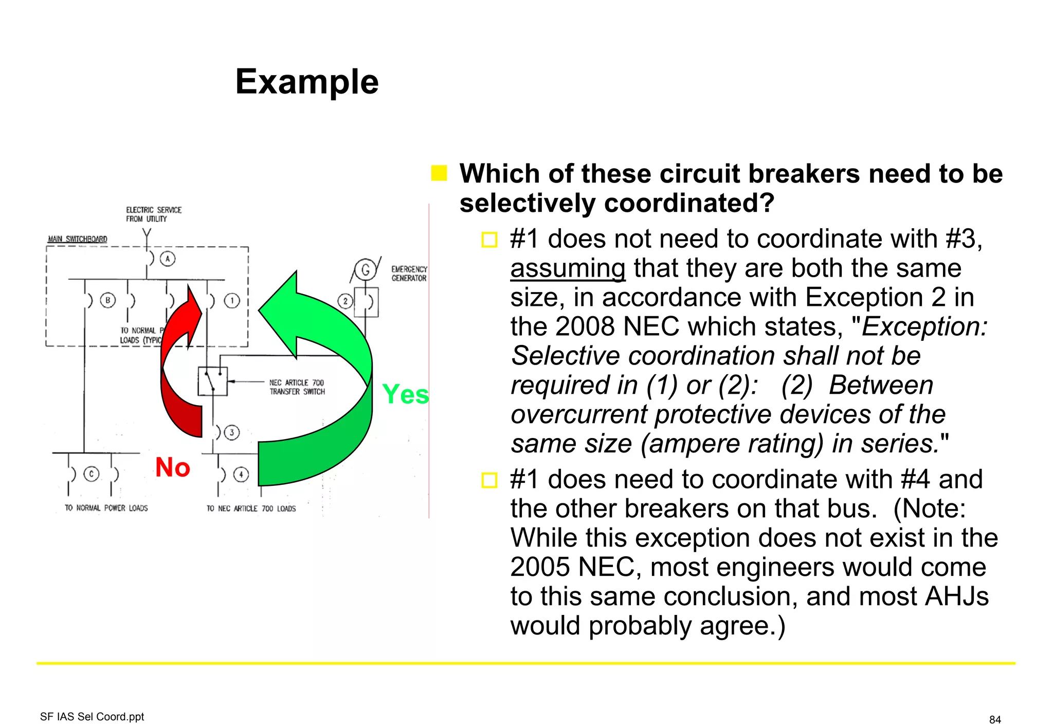 Example
Which of these circuit breakers need to be
selectively coordinated?
#1 does not need to coordinate with #3,
assuming that they are both the same
size, in accordance with Exception 2 in
the 2008 NEC which states, "Exception:
Selective coordination shall not be
required in (1) or (2): (2) Between
overcurrent protective devices of the
same size (ampere rating) in series."
#1 does need to coordinate with #4 and
the other breakers on that bus. (Note:
While this exception does not exist in the
2005 NEC, most engineers would come
to this same conclusion, and most AHJs
would probably agree.)
No
Yes
SF IAS Sel Coord.ppt 84
 