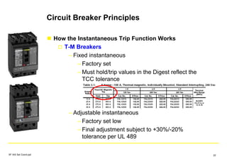 Circuit Breaker Principles
How the Instantaneous Trip Function Works
T-M Breakers
– Fixed instantaneous
– Factory set
– Must hold/trip values in the Digest reflect the
TCC tolerance
– Adjustable instantaneous
– Factory set low
– Final adjustment subject to +30%/-20%
tolerance per UL 489
SF IAS Sel Coord.ppt 22
 