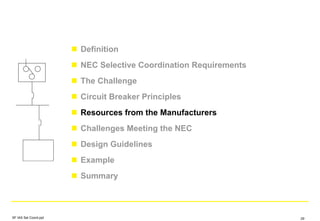 Definition
NEC Selective Coordination Requirements
The Challenge
Circuit Breaker Principles
Resources from the Manufacturers
Challenges Meeting the NEC
Design Guidelines
Example
Summary
SF IAS Sel Coord.ppt 29
 