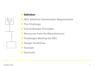 Definition
NEC Selective Coordination Requirements
The Challenge
Circuit Breaker Principles
Resources from the Manufacturers
Challenges Meeting the NEC
Design Guidelines
Example
Summary
SF IAS Sel Coord.ppt 3
 