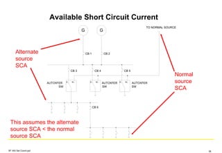 Available Short Circuit Current
SF IAS Sel Coord.ppt 38
G
CB 1
G
CB 2
AUTOXFER
SW
CB 4
TO NORMAL SOURCE
E N
CB 3
AUTOXFER
SW
E N
AUTOXFER
SW
CB 5
E N
CB 6
Normal
source
SCA
Alternate
source
SCA
This assumes the alternate
source SCA < the normal
source SCA
 