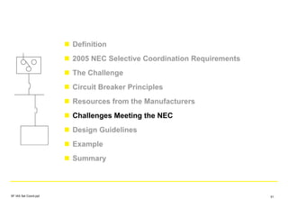 Definition
2005 NEC Selective Coordination Requirements
The Challenge
Circuit Breaker Principles
Resources from the Manufacturers
Challenges Meeting the NEC
Design Guidelines
Example
Summary
SF IAS Sel Coord.ppt 51
 