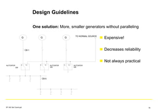 Design Guidelines
One solution: More, smaller generators without paralleling
G
CB 1
G
AUTOXFER
SW
TO NORMAL SOURCE
E NAUTOXFER
SW
E N AUTOXFER
SW
E N
CB 6
G Expensive!
Decreases reliability
Not always practical
SF IAS Sel Coord.ppt 76
 