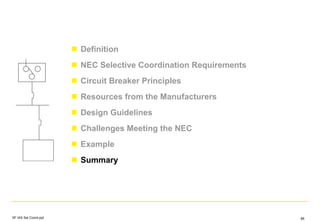Definition
NEC Selective Coordination Requirements
Circuit Breaker Principles
Resources from the Manufacturers
Design Guidelines
Challenges Meeting the NEC
Example
Summary
SF IAS Sel Coord.ppt 88
 