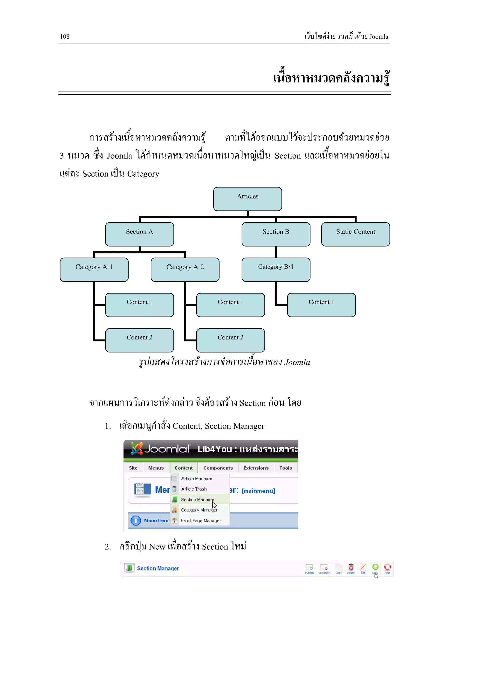 108                                                                          เว็บไซตงาย รวดเร็วดวย Joomla



                                                                    เนื้อหาหมวดคลังความรู


        การสรางเนื้อหาหมวดคลังความรู ตามที่ไดออกแบบไวจะประกอบดวยหมวดยอย
3 หมวด ซึ่ง Joomla ไดกําหนดหมวดเนื้อหาหมวดใหญเปน Section และเนื้อหาหมวดยอยใน
แตละ Section เปน Category
                                                      Articles


                     Section A                                   Section B                Static Content


      Category A-1               Category A-2                Category B-1


                     Content 1                  Content 1                     Content 1


                     Content 2                  Content 2

                         รูปแสดงโครงสรางการจัดการเนื้อหาของ Joomla


          จากแผนการวิเคราะหดังกลาว จึงตองสราง Section กอน โดย
               1. เลือกเมนูคําสั่ง Content, Section Manager




               2. คลิกปุม New เพื่อสราง Section ใหม
 