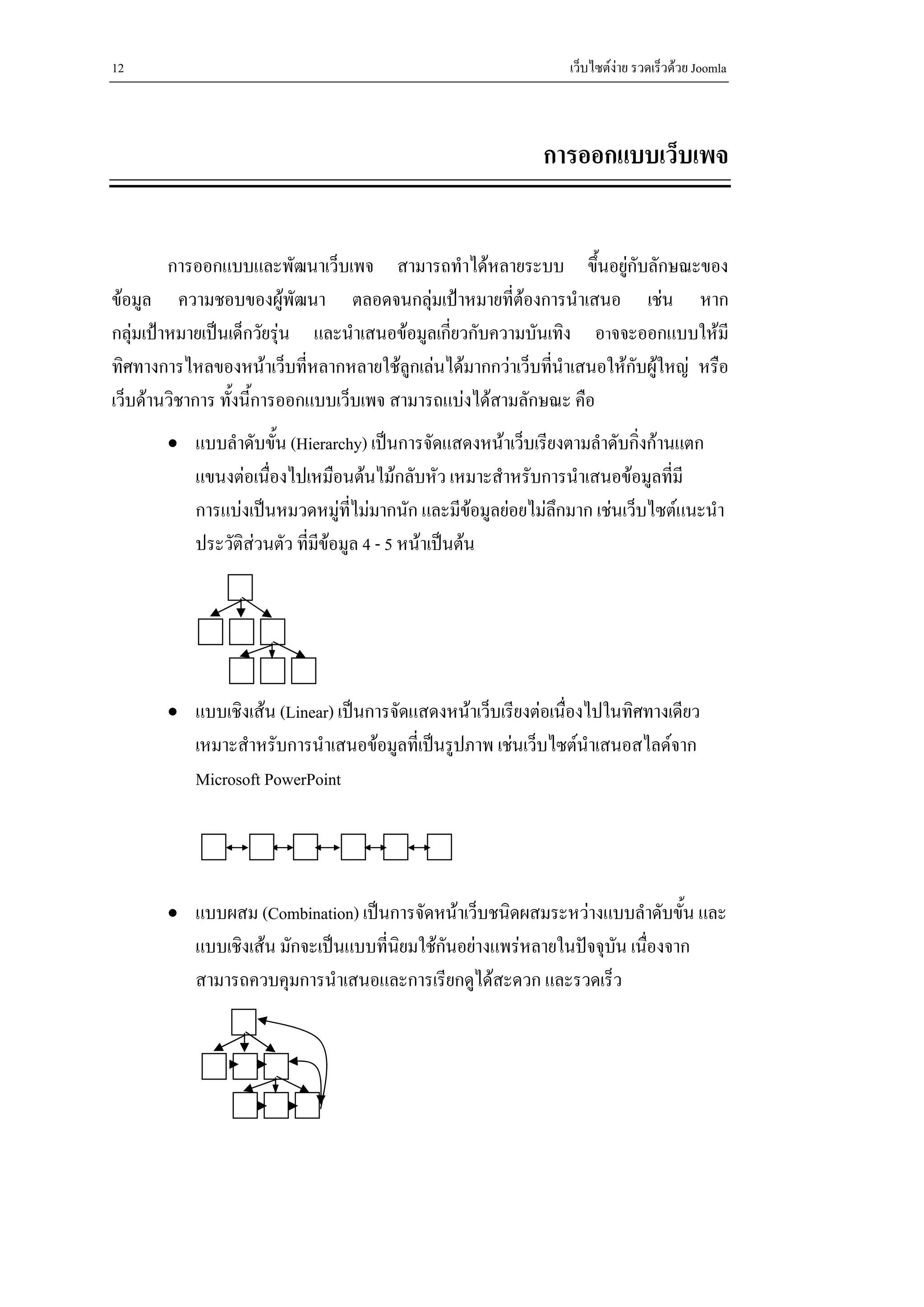 12                                                             เว็บไซตงาย รวดเร็วดวย Joomla



                                                           การออกแบบเว็บเพจ


         การออกแบบและพัฒนาเว็บเพจ สามารถทําไดหลายระบบ ขึ้นอยูกบลักษณะของ
                                                                      ั
ขอมูล ความชอบของผูพัฒนา ตลอดจนกลุมเปาหมายที่ตองการนําเสนอ เชน หาก
กลุมเปาหมายเปนเด็กวัยรุน และนําเสนอขอมูลเกี่ยวกับความบันเทิง อาจจะออกแบบใหมี
                          
ทิศทางการไหลของหนาเว็บที่หลากหลายใชลูกเลนไดมากกวาเว็บทีนําเสนอใหกับผูใหญ หรือ
                                                             ่
เว็บดานวิชาการ ทั้งนี้การออกแบบเว็บเพจ สามารถแบงไดสามลักษณะ คือ
       • แบบลําดับขั้น (Hierarchy) เปนการจัดแสดงหนาเว็บเรียงตามลําดับกิ่งกานแตก
           แขนงตอเนื่องไปเหมือนตนไมกลับหัว เหมาะสําหรับการนําเสนอขอมูลที่มี
           การแบงเปนหมวดหมูทไมมากนัก และมีขอมูลยอยไมลกมาก เชนเว็บไซตแนะนํา
                                    ี่                     ึ
           ประวัติสวนตัว ที่มีขอมูล 4 - 5 หนาเปนตน




       • แบบเชิงเสน (Linear) เปนการจัดแสดงหนาเว็บเรียงตอเนื่องไปในทิศทางเดียว
           เหมาะสําหรับการนําเสนอขอมูลที่เปนรูปภาพ เชนเว็บไซตนําเสนอสไลดจาก
           Microsoft PowerPoint




       • แบบผสม (Combination) เปนการจัดหนาเว็บชนิดผสมระหวางแบบลําดับขั้น และ
           แบบเชิงเสน มักจะเปนแบบที่นิยมใชกันอยางแพรหลายในปจจุบน เนืองจาก
                                                                     ั ่
           สามารถควบคุมการนําเสนอและการเรียกดูไดสะดวก และรวดเร็ว
 