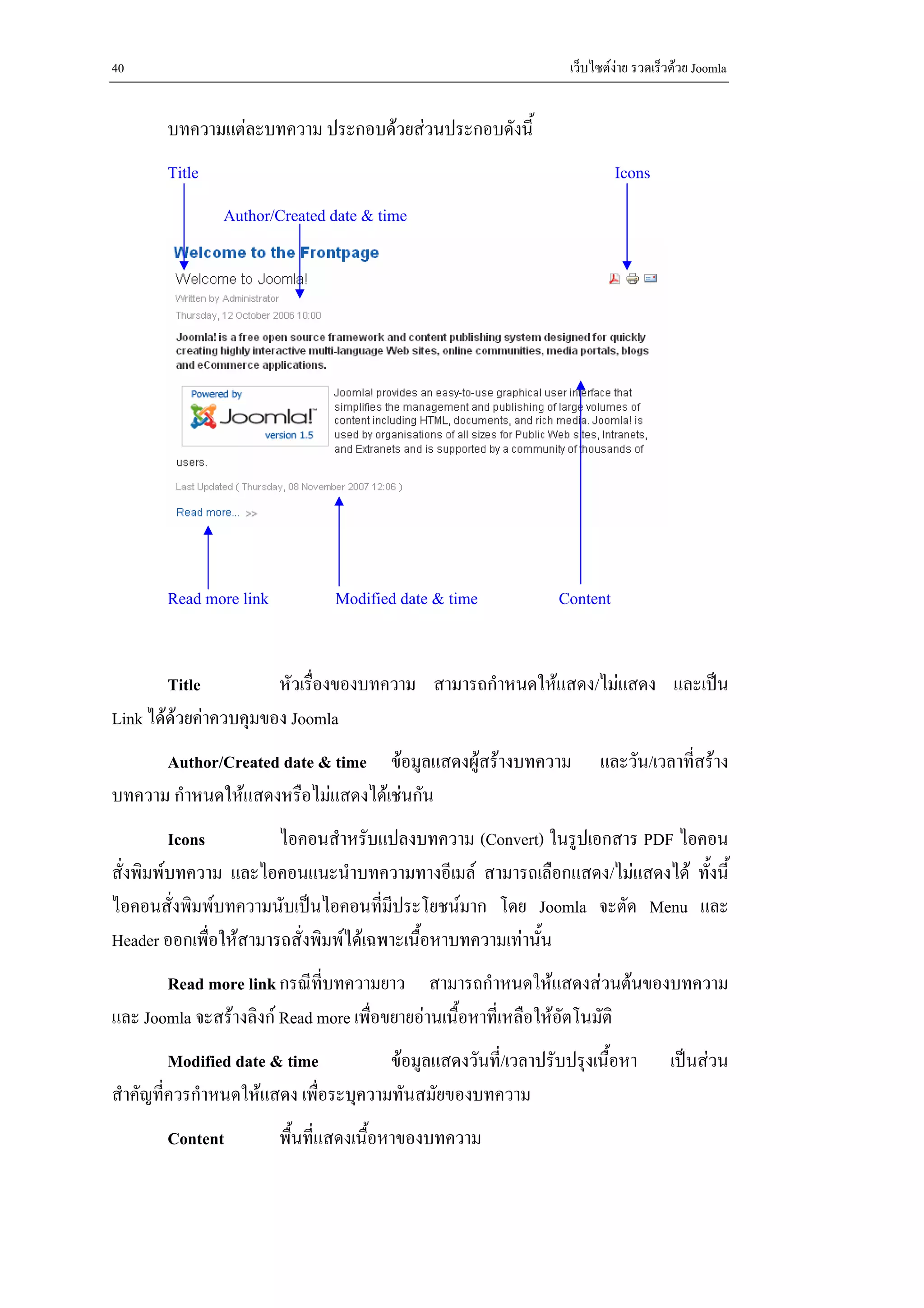 40                                                               เว็บไซตงาย รวดเร็วดวย Joomla


       บทความแตละบทความ ประกอบดวยสวนประกอบดังนี้
       Title                                                             Icons
               Author/Created date & time




       Read more link          Modified date & time            Content


        Title          หัวเรื่องของบทความ สามารถกําหนดใหแสดง/ไมแสดง และเปน
Link ไดดวยคาควบคุมของ Joomla
      Author/Created date & time ขอมูลแสดงผูสรางบทความ             และวัน/เวลาที่สราง
บทความ กําหนดใหแสดงหรือไมแสดงไดเชนกัน
         Icons         ไอคอนสําหรับแปลงบทความ (Convert) ในรูปเอกสาร PDF ไอคอน
สั่งพิมพบทความ และไอคอนแนะนําบทความทางอีเมล สามารถเลือกแสดง/ไมแสดงได ทั้งนี้
ไอคอนสั่งพิมพบทความนับเปนไอคอนทีมประโยชนมาก โดย Joomla จะตัด Menu และ
                                      ่ ี
Header ออกเพื่อใหสามารถสั่งพิมพไดเฉพาะเนื้อหาบทความเทานั้น
       Read more link กรณีที่บทความยาว สามารถกําหนดใหแสดงสวนตนของบทความ
และ Joomla จะสรางลิงก Read more เพื่อขยายอานเนื้อหาที่เหลือใหอัตโนมัติ
         Modified date & time          ขอมูลแสดงวันที่/เวลาปรับปรุงเนื้อหา         เปนสวน
สําคัญที่ควรกําหนดใหแสดง เพื่อระบุความทันสมัยของบทความ
       Content          พื้นที่แสดงเนือหาของบทความ
                                      ้
 
