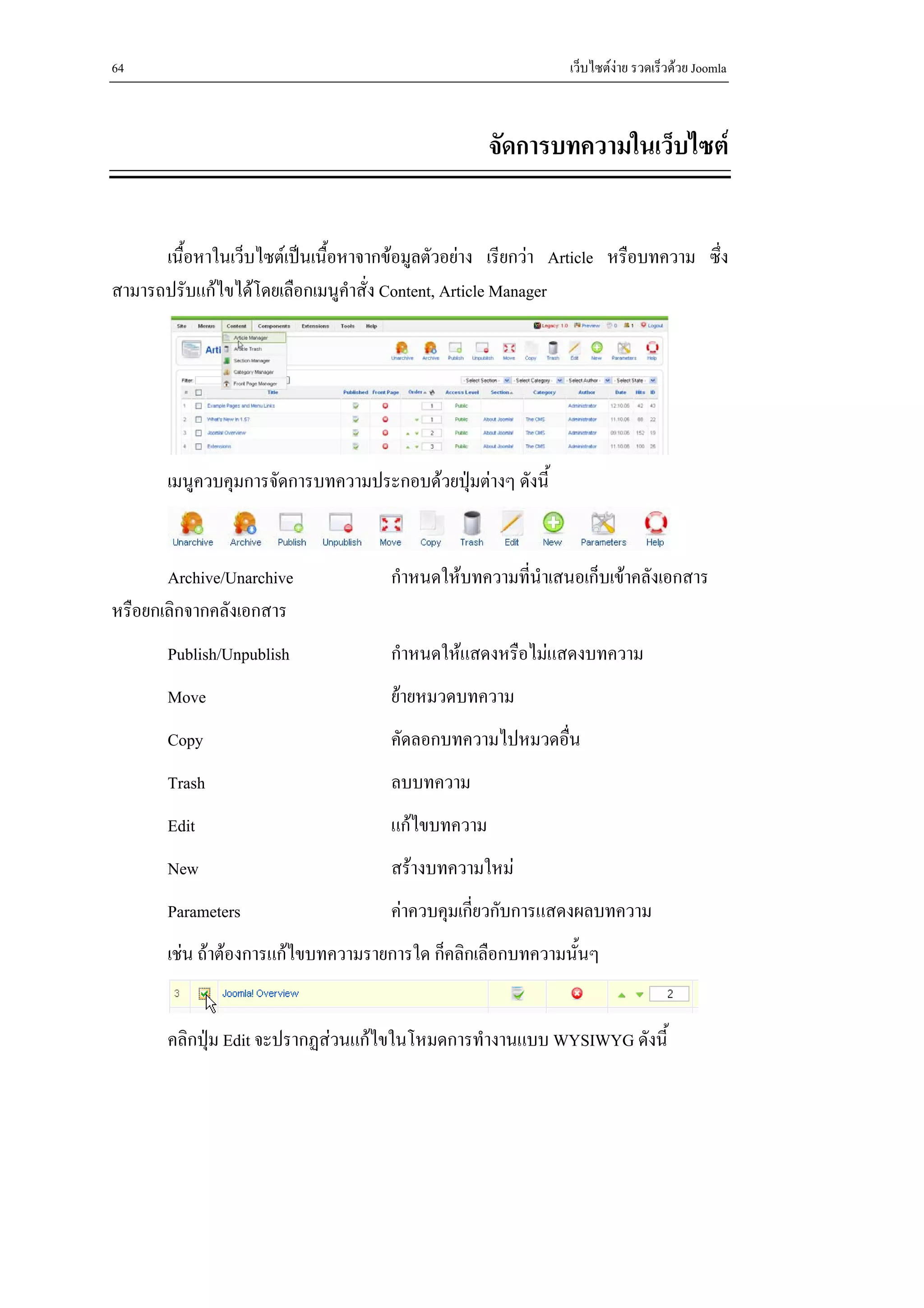 64                                                            เว็บไซตงาย รวดเร็วดวย Joomla



                                                    จัดการบทความในเว็บไซต


      เนื้อหาในเว็บไซตเปนเนื้อหาจากขอมูลตัวอยาง เรียกวา Article หรือบทความ ซึ่ง
สามารถปรับแกไขไดโดยเลือกเมนูคําสั่ง Content, Article Manager




       เมนูควบคุมการจัดการบทความประกอบดวยปุมตางๆ ดังนี้


       Archive/Unarchive              กําหนดใหบทความที่นําเสนอเก็บเขาคลังเอกสาร
หรือยกเลิกจากคลังเอกสาร
       Publish/Unpublish              กําหนดใหแสดงหรือไมแสดงบทความ
       Move                           ยายหมวดบทความ
       Copy                           คัดลอกบทความไปหมวดอืน
                                                          ่
       Trash                          ลบบทความ
       Edit                           แกไขบทความ
       New                            สรางบทความใหม
       Parameters                     คาควบคุมเกี่ยวกับการแสดงผลบทความ
       เชน ถาตองการแกไขบทความรายการใด ก็คลิกเลือกบทความนั้นๆ


       คลิกปุม Edit จะปรากฏสวนแกไขในโหมดการทํางานแบบ WYSIWYG ดังนี้
 