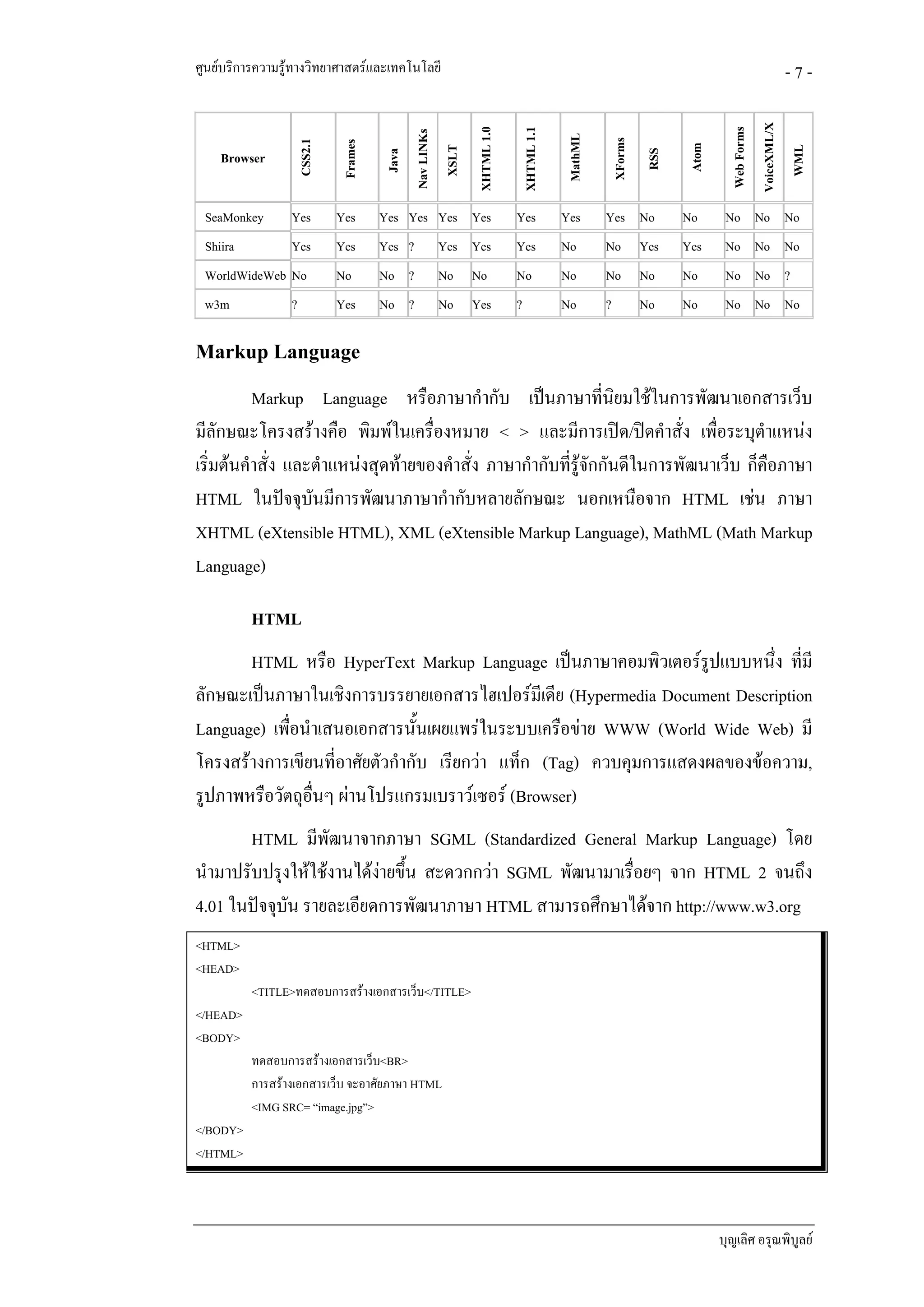 ศูนยบริการความรูทางวิทยาศาสตรและเทคโนโลยี                                                                                                  -7-




                                                                                                                                 VoiceXML/X
                                                             XHTML 1.0

                                                                         XHTML 1.1




                                                                                                                     Web Forms
                                          Nav LINKs




                                                                                     MathML

                                                                                              XForms
                 CSS2.1

                          Frames




                                                                                                             Atom




                                                                                                                                              WML
                                                      XSLT
    Browser




                                                                                                       RSS
                                   Java
 SeaMonkey       Yes      Yes      Yes Yes Yes Yes                       Yes         Yes      Yes No         No      No No No
 Shiira          Yes      Yes      Yes ?              Yes Yes            Yes         No       No       Yes   Yes     No No No
 WorldWideWeb No          No       No ?               No     No          No          No       No       No    No      No No ?
 w3m             ?        Yes      No ?               No     Yes         ?           No       ?        No    No      No No No

Markup Language
          Markup Language หรือภาษากํากับ เปนภาษาทีนิยมใชในการพัฒนาเอกสารเว็บ
                                                                ่
มีลักษณะโครงสรางคือ พิมพในเครื่องหมาย < > และมีการเปด/ปดคําสั่ง เพื่อระบุตําแหนง
เริ่มตนคําสั่ง และตําแหนงสุดทายของคําสั่ง ภาษากํากับที่รูจักกันดีในการพัฒนาเว็บ ก็คอภาษา
                                                                                       ื
HTML ในปจจุบันมีการพัฒนาภาษากํากับหลายลักษณะ นอกเหนือจาก HTML เชน ภาษา
XHTML (eXtensible HTML), XML (eXtensible Markup Language), MathML (Math Markup
Language)

          HTML
       HTML หรือ HyperText Markup Language เปนภาษาคอมพิวเตอรรปแบบหนึ่ง ทีมี
                                                                    ู           ่
ลักษณะเปนภาษาในเชิงการบรรยายเอกสารไฮเปอรมีเดีย (Hypermedia Document Description
Language) เพือนําเสนอเอกสารนั้นเผยแพรในระบบเครือขาย WWW (World Wide Web) มี
             ่
โครงสรางการเขียนที่อาศัยตัวกํากับ เรียกวา แท็ก (Tag) ควบคุมการแสดงผลของขอความ,
รูปภาพหรือวัตถุอื่นๆ ผานโปรแกรมเบราวเซอร (Browser)
        HTML มีพัฒนาจากภาษา SGML (Standardized General Markup Language) โดย
นํามาปรับปรุงใหใชงานไดงายขึ้น สะดวกกวา SGML พัฒนามาเรื่อยๆ จาก HTML 2 จนถึง
                          
4.01 ในปจจุบน รายละเอียดการพัฒนาภาษา HTML สามารถศึกษาไดจาก http://www.w3.org
             ั
<HTML>
<HEAD>
          <TITLE>ทดสอบการสรางเอกสารเว็บ</TITLE>
</HEAD>
<BODY>
          ทดสอบการสรางเอกสารเว็บ<BR>
          การสรางเอกสารเว็บ จะอาศัยภาษา HTML
          <IMG SRC= “image.jpg”>
</BODY>
</HTML>




                                                                                                                    บุญเลิศ อรุณพิบูลย
 