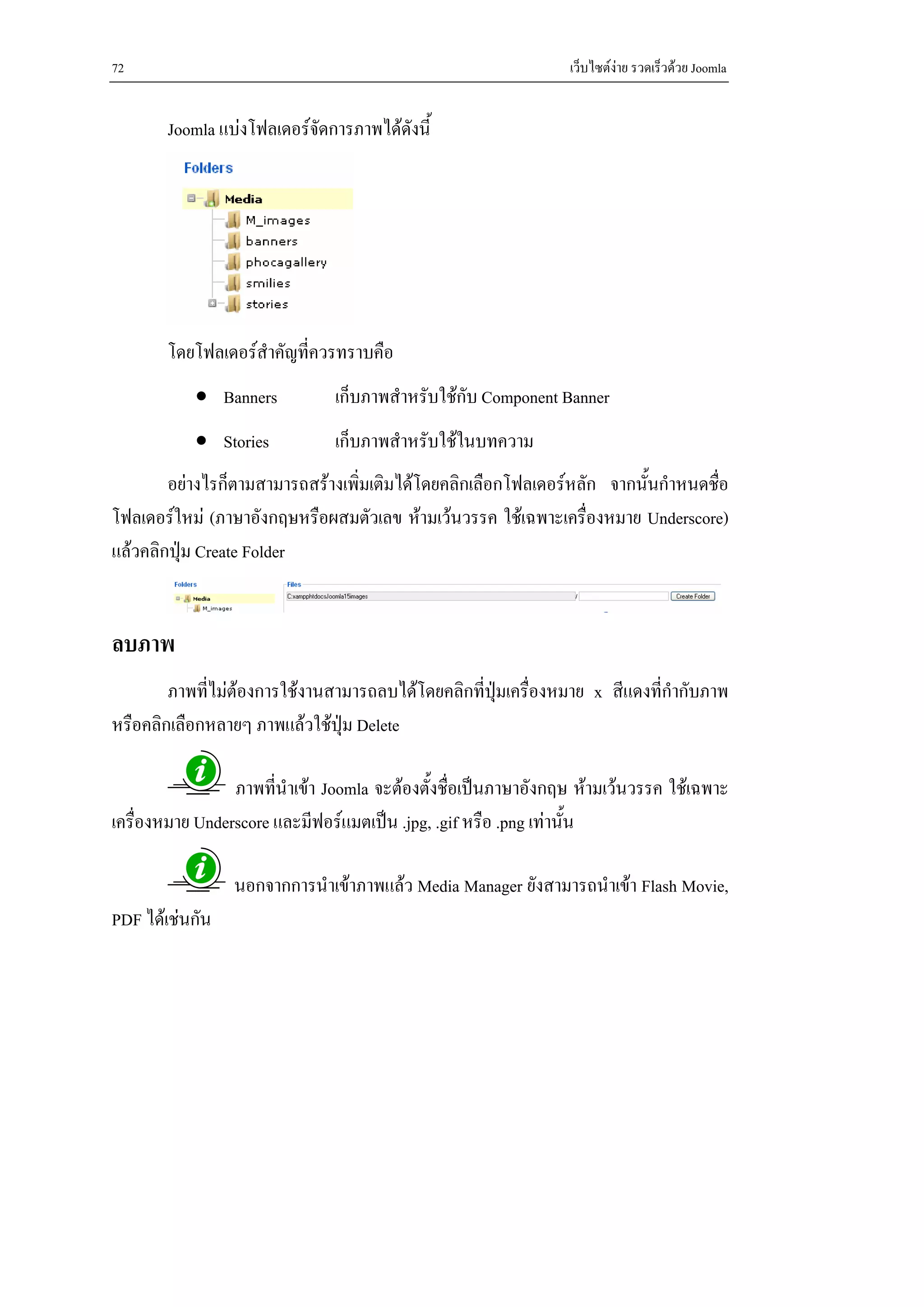 72                                                               เว็บไซตงาย รวดเร็วดวย Joomla


       Joomla แบงโฟลเดอรจัดการภาพไดดังนี้




       โดยโฟลเดอรสําคัญที่ควรทราบคือ
           • Banners           เก็บภาพสําหรับใชกับ Component Banner
           • Stories           เก็บภาพสําหรับใชในบทความ
        อยางไรก็ตามสามารถสรางเพิ่มเติมไดโดยคลิกเลือกโฟลเดอรหลัก จากนั้นกําหนดชือ
                                                                                   ่
โฟลเดอรใหม (ภาษาอังกฤษหรือผสมตัวเลข หามเวนวรรค ใชเฉพาะเครื่องหมาย Underscore)
แลวคลิกปุม Create Folder


ลบภาพ
        ภาพที่ไมตองการใชงานสามารถลบไดโดยคลิกที่ปุมเครื่องหมาย x สีแดงที่กากับภาพ
                                                                              ํ
หรือคลิกเลือกหลายๆ ภาพแลวใชปุม Delete

                 ภาพที่นําเขา Joomla จะตองตั้งชื่อเปนภาษาอังกฤษ หามเวนวรรค ใชเฉพาะ
เครื่องหมาย Underscore และมีฟอรแมตเปน .jpg, .gif หรือ .png เทานั้น

                 นอกจากการนําเขาภาพแลว Media Manager ยังสามารถนําเขา Flash Movie,
PDF ไดเชนกัน
 
