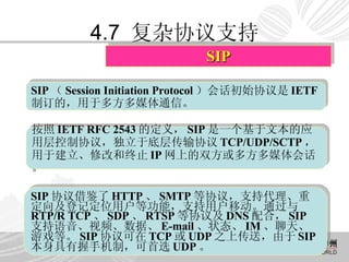 4.7  复杂协议支持 SIP SIP （ Session Initiation Protocol ）会话初始协议是 IETF 制订的，用于多方多媒体通信。 按照 IETF RFC 2543 的定义， SIP 是一个基于文本的应用层控制协议，独立于底层传输协议 TCP/UDP/SCTP ，用于建立、修改和终止 IP 网上的双方或多方多媒体会话。 SIP 协议借鉴了 HTTP 、 SMTP 等协议，支持代理、重定向及登记定位用户等功能，支持用户移动。通过与 RTP/R TCP 、 SDP 、 RTSP 等协议及 DNS 配合， SIP 支持语音、视频、数据、 E-mail 、状态、 IM 、聊天、游戏等。 SIP 协议可在 TCP 或 UDP 之上传送，由于 SIP 本身具有握手机制，可首选 UDP 。 