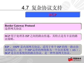 4.7  复杂协议支持 BGP Border Gateway Protocol 边界网关协议 Border Gateway Protocol 边界网关协议 BGP 用于处理各 ISP 之间的路由传递，其特点是有丰富的路由策略。  RIP 、 OSPF 是内部网关协议，适用于单个 ISP 的统一路由协议的运行。由一个 ISP 运营的网络称为一个自治系统（ AS ）。 BGP 是自治系统间的路由协议，是一种外部网关协议。   