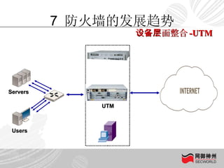 7  防火墙的发展趋势 Users Servers 设备层面整合 -UTM UTM 