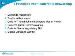 6 Principes voor leadership networking Demands Authenticity Trades in Resources Calls for Thoughtful and Deliberate Use of Power  Requires Skillful Communication Calls for Savvy Negotiating Skill Means Managing Conflict 