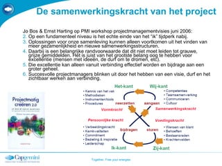 De samenwerkingskracht van het project Jo Bos & Ernst Harting op PMI workshop projectmanagementvisies juni 2006: Op een fundamenteel niveau is het echte einde van het “ik” tijdperk nabij. Oplossingen voor onze samenleving kunnen alleen voortkomen uit het vinden van meer gezamenlijkheid en nieuwe samenwerkingsstructuren. Daarbij is een belangrijke randvoorwaarde dat dit niet moet leiden tot grauwe, grijze gemiddelden. Het is juist van het grootste belang oog te hebben voor excellentie (mensen met ideeën, de durf om te dromen, etc). Die excellentie kan alleen vanuit verbinding effectief worden en bijdrage aan een groter geheel. Succesvolle projectmanagers blinken uit door het hebben van een visie, durf en het zichtbaar werken aan verbinding. 