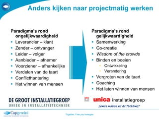 Anders kijken naar projectmatig werken Paradigma’s rond ongelijkwaardigheid Leverancier – klant Zender – ontvanger Leider – volger Aanbieder – afnemer Voorziener – afhankelijke Verdelen van de taart Conflicthantering Het winnen van mensen Paradigma’s rond gelijkwaardigheid Samenwerking  Co-creatie Wisdom of the crowds Binden en boeien Ontwikkeling Verandering Vergroten van de taart Coaching Het laten winnen van mensen 