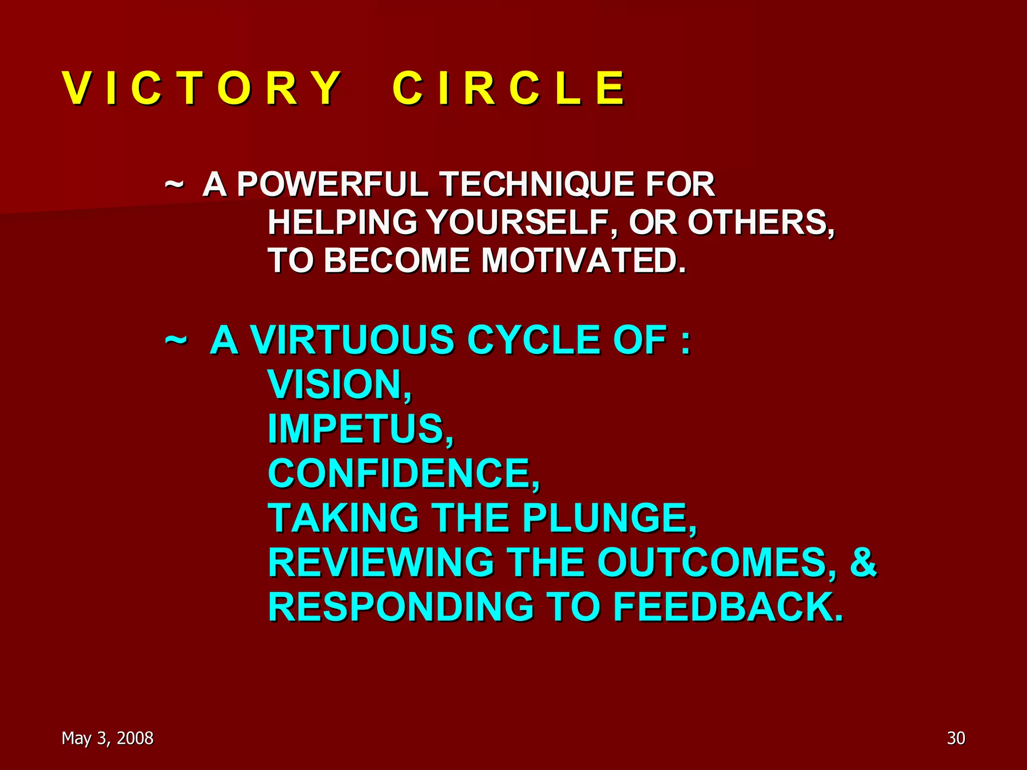 V I C T O R Y  C I R C L E ~  A POWERFUL TECHNIQUE FOR HELPING YOURSELF, OR OTHERS, TO BECOME MOTIVATED. ~  A VIRTUOUS CYCLE OF : VISION, IMPETUS, CONFIDENCE, TAKING THE PLUNGE, REVIEWING THE OUTCOMES, & RESPONDING TO FEEDBACK. 