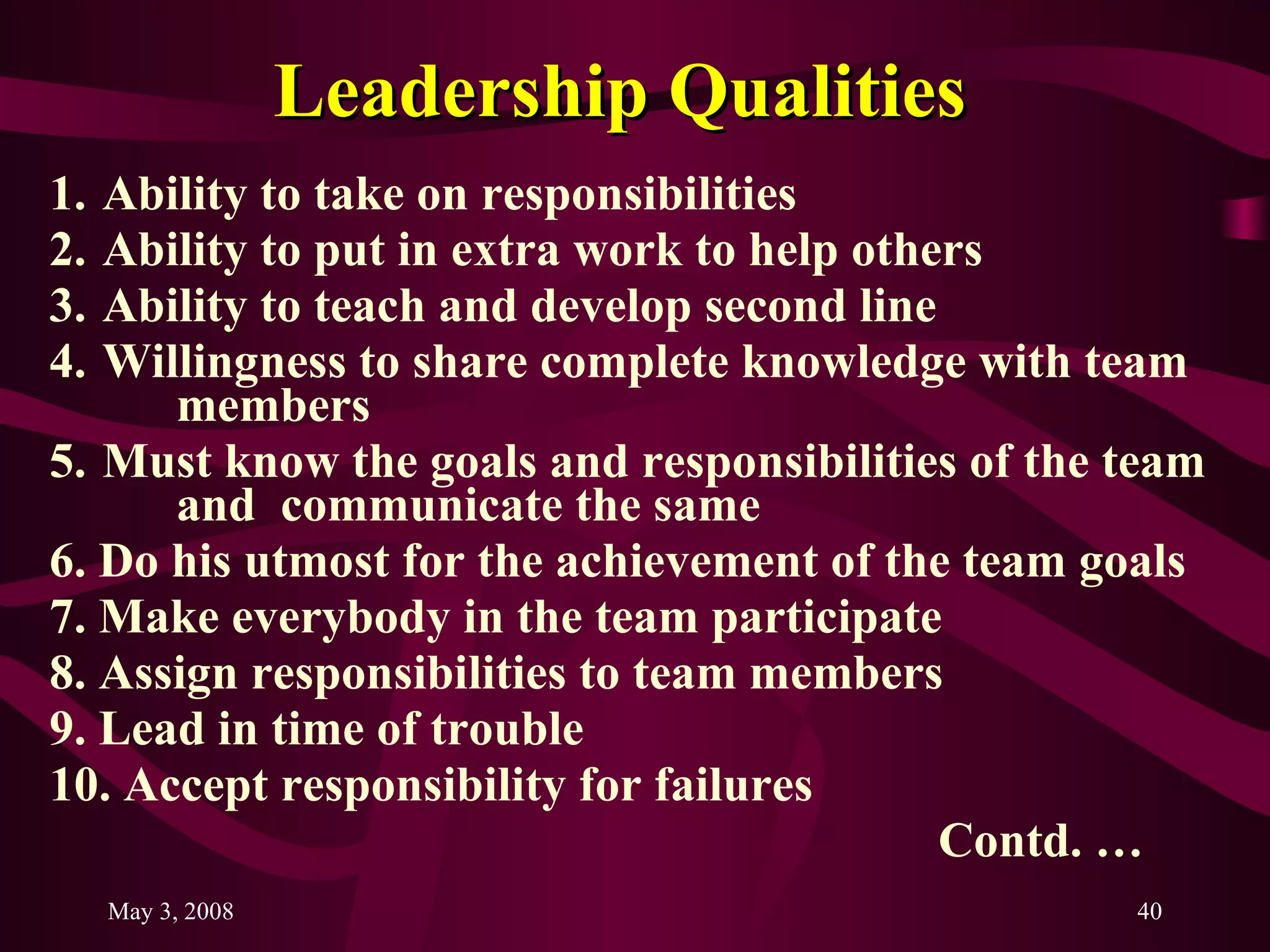 Leadership Qualities Ability to take on responsibilities Ability to put in extra work to help others Ability to teach and develop second line Willingness to share complete knowledge with team  members Must know the goals and responsibilities of the team  and  communicate the same 6. Do his utmost for the achievement of the team goals  7. Make everybody in the team participate 8. Assign responsibilities to team members 9. Lead in time of trouble 10. Accept responsibility for failures  Contd. … 
