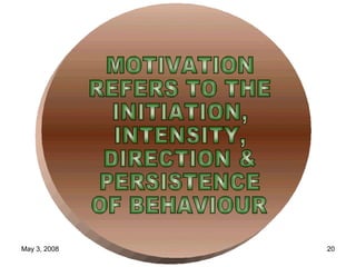 MOTIVATION REFERS TO THE INITIATION, INTENSITY, DIRECTION & PERSISTENCE  OF BEHAVIOUR 