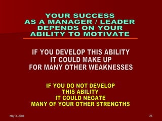 YOUR SUCCESS  AS A MANAGER / LEADER DEPENDS ON YOUR ABILITY TO MOTIVATE IF YOU DO NOT DEVELOP THIS ABILITY IT COULD NEGATE MANY OF YOUR OTHER STRENGTHS IF YOU DEVELOP THIS ABILITY IT COULD MAKE UP FOR MANY OTHER WEAKNESSES 