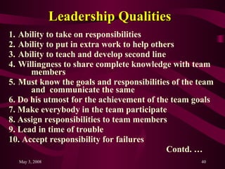 Leadership Qualities Ability to take on responsibilities Ability to put in extra work to help others Ability to teach and develop second line Willingness to share complete knowledge with team  members Must know the goals and responsibilities of the team  and  communicate the same 6. Do his utmost for the achievement of the team goals  7. Make everybody in the team participate 8. Assign responsibilities to team members 9. Lead in time of trouble 10. Accept responsibility for failures  Contd. … 