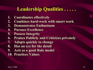 Leadership Qualities . . . . . Coordinates effectively Combines hard-work with smart work Demonstrates Enthusiasm Pursues Excellence Possess Integrity Praises Publicly and Criticizes privately  Adopts quickly to change Has an eye for the detail Acts as a good Role model Practices Values 