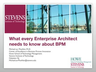 What every Enterprise Architect
needs to know about BPM
Michael zur Muehlen, Ph.D.
Center of Excellence in Business Process Innovation
Howe School of Technology Management
Stevens Institute of Technology
Hoboken NJ
Michael.zurMuehlen@stevens.edu

                                                      1
 
