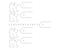 　　  ∧＿∧　　　／￣￣￣￣￣ 　　（  ´∀ ｀）＜　 1 　　（　　　） 　＼＿＿＿＿＿ 　　 ｜ ｜　 | 　　（＿ _ ）＿） 　　  ∧＿∧　　　／￣￣￣￣￣ 　　（  ´∀ ｀）＜　 2 　　（　　　） 　＼＿＿＿＿＿ 　　 ｜ ｜　 | 　　（＿ _ ）＿） 　　  　　　　　　　　　　　　　　　　／￣￣￣￣￣ 　　ヽ（ﾟ∀ﾟ）メ（ﾟ∀ﾟ）メ（ﾟ∀ﾟ）ノ＜　 3 　　　　　　　　　　　　　　　　　 　＼＿＿＿＿＿ 　　  ∧＿∧　　　／￣￣￣￣￣ 　　（  ´∀ ｀）＜　 4 　　（　　　） 　＼＿＿＿＿＿ 　　 ｜ ｜　 | 　　（＿ _ ）＿） 　　  ∧＿∧　　　／￣￣￣￣￣ 　　（  = ﾟ ω ﾟ）＜　 5 　　（　　　） 　＼＿＿＿＿＿ 　　 ｜ ｜　 | 　　（＿ _ ）＿） 